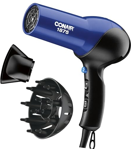 Conair 1875 Watt Fast Dry Hair Dryer, Lightweight Blow Dryer with Diffuser & Concentrator, 2 Heat/Speed Settings, Blue/Black, 146NXL