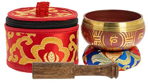 Bol Tibétain avec symboles Rouge pour la méditation 7,5 cm