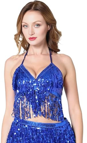 Baisdan Sequined Latin Belly Dance Bra Top Women Dance Costume Fringe Tassel Top Navy Blues