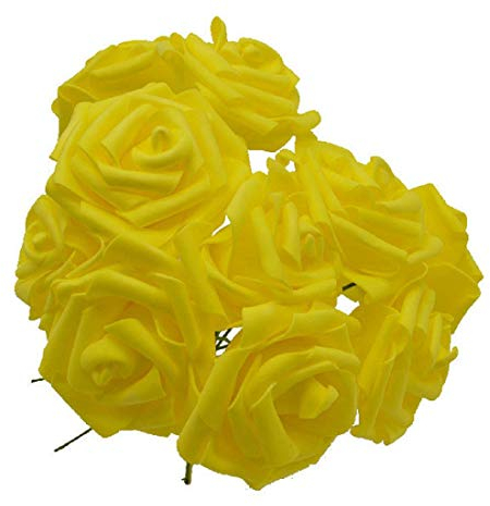 Yalulu 50 Stück 8CM Foamrosen Schaumrosen Blumenköpfe Schaumköpfe Künstliche Kunstblumen Rosen Rosenköpfe Brautstrauß Party Hause Deko (Gelb)