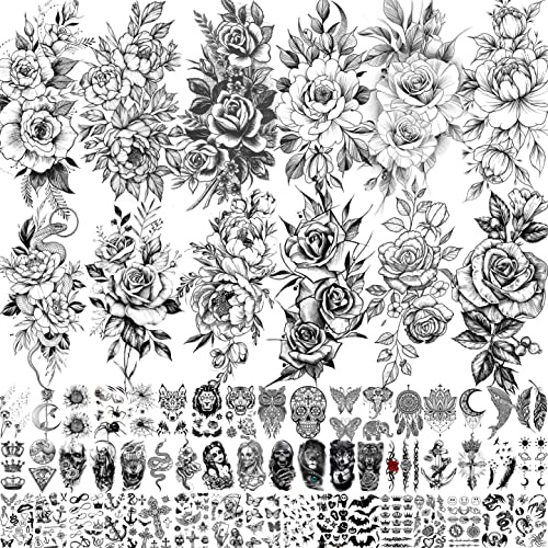 VANTATY 63 Sheets Realistic Black Rose Peony Flower Temporary Tattoos for Women Adults Body Art Arm, Snake Fake Floral Sketch Sleeve Tattoo Sticker