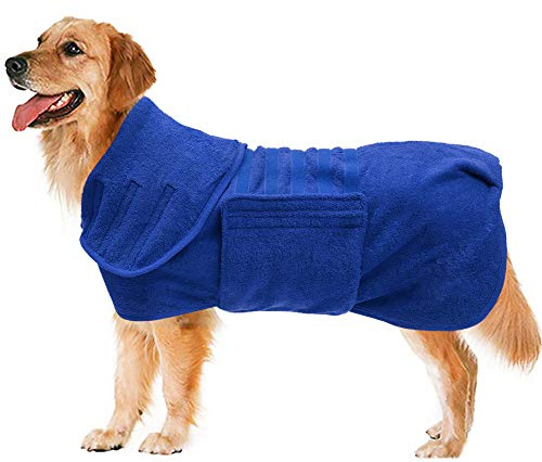 Geyecete Accappatoio Microfibra per Cane, Asciugamano per per Animale Domestico Asciugatura Rapida e Super Assorbente Cappotto Telo da Bagno con Cintura Elasticizzata-Blu-M