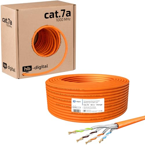 HB-DIGITAL 50m CAT.7a Netzwerkkabel LAN Kabel Verlegekabel AWG 23 Reines Kupfer S/FTP PiMF LSZH Halogenfrei RoHS-Compliant Ethernet Installationskabel Datenkabel PoE 10Gbit/s max. 1200MHz Orange
