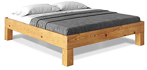 CURBY Massivholzbett Holzbett Doppelbett 4-Fuß-Bett ohne Kopfteil aus massiver THERMO -Fichte, hochwertige Verarbeitung, einfacher Aufbau, Made in Germany, 180 x 200 cm, natur, Standardhöhe
