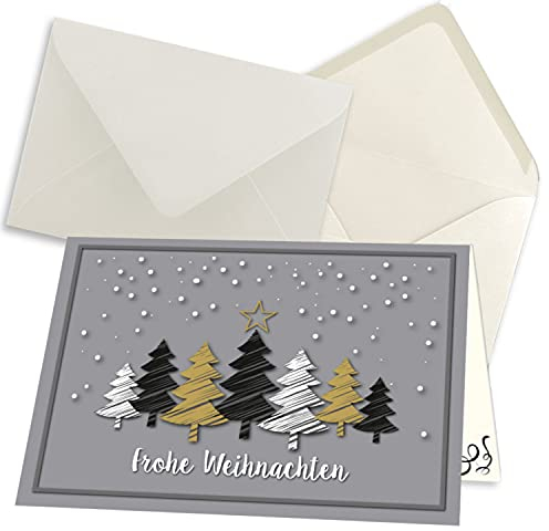 NEUSER PAPIER 100x kleines Weihnachtskarten-Set DIN A7 in Grau mit Weihnachtsbäumen in Scratch-Optik - Faltkarten mit passenden Umschlägen DIN C7 Naturweiß mit Nassklebung - für Firmen und Privat