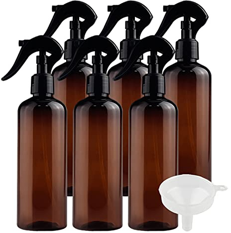 ZEOABSY 6 Piezas 300ml Spray de Plástico Ámbar Botella de Spray Vacía con Trigger Pulverizador Negro de Niebla Fina Atomizador para Perfume Aromaterapia Agua Líquidos, 1 Pieza Embudo
