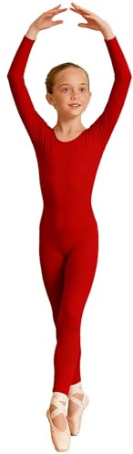 Carnavalife Girls Full Body Dance Unitard Long Sleeve Jumpsuit with Back Zipper for Ballet Gymnastics (Red, 7-9 years)