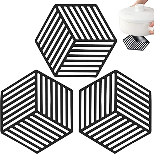 3 Stück Untersetzer Topf, Silikon Topfuntersetzer Hitzebeständig rutschfest, 250°C Temperatur Hexagon-Streifen Topfuntersetzer Silikon für Pfannen Küche LöFfel Sich und HeißE Töpfe (Schwarz)
