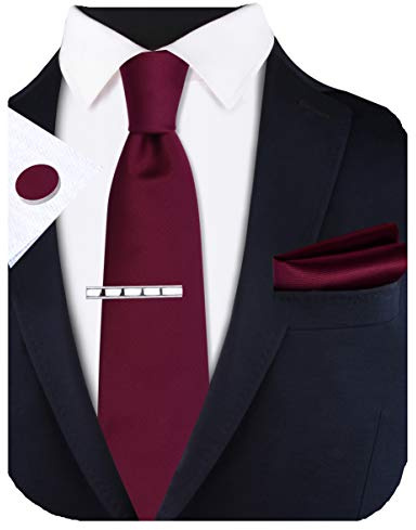 Gusleson Men's Wedding Ties Silk Solid Wine Burgundy Tie for men Clip Necktie Cufflinks Pocket Square Set (UK6101-06)