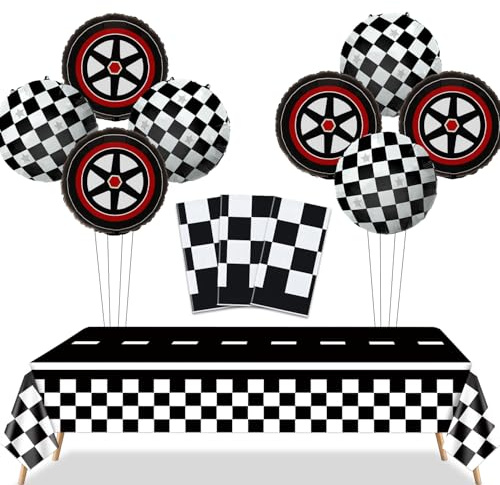 Rennwagen-Party-Dekorationen - 3 Stück karierte Rennstrecke Tischdecken, 8 Stück Folie Rennwagen Ballons karierte Flagge Tischdecke für Kinder Erwachsene Rennen Auto Geburtstag Party Supplies