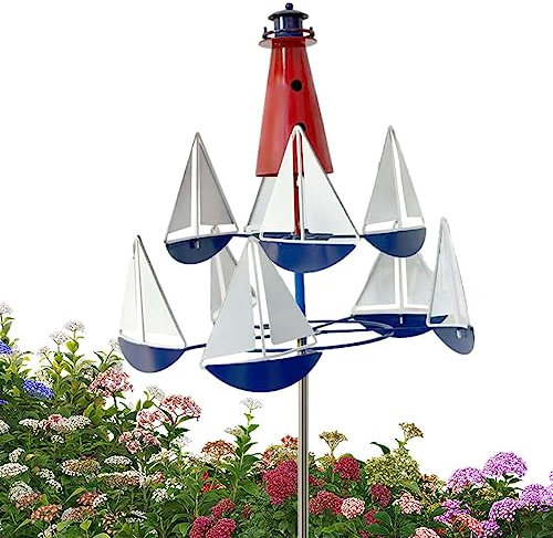 Duqulle Art Wind Sculpture Summer Sail-boat Windmills Metal Wrought Iron Rotating Windmill Nautical Wind Sculpture Metal Decor For Yard Garden Outdoor Wind Spinner