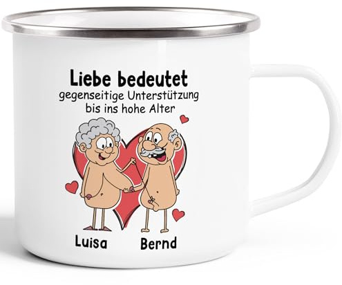 MoonWorks® Emaille-Tasse lustig Liebe bedeutet Unterstützung bis in hohe Alter Mann Frau Nackt personalisiert mit Namen Emaille-weiss-silber standard