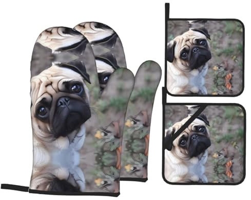 Trukd Ofenhandschuhe mit Mops-Motiv, 2 Handschuhe und 2 Topflappen, für Küche, Mikrowelle, Grill, hitzebeständig