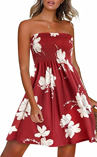 Strandkleid Damen Sommer Schulterfrei Freizeitkleid Bandeau Ärmellos Kleid | Weicher und dehnbarer Stoff, Elegant Strandkleider Knielang, lässig Bikini Cover Up für Strand und tägliche Outfits