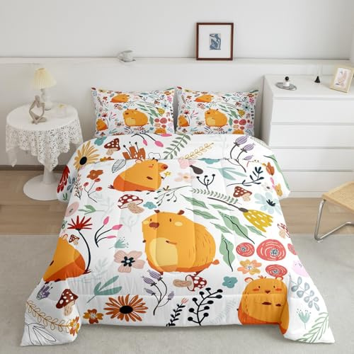 Erosebridal Kawaii Hamster Comforter Set Mushroom Floral Twin Bedding Sets for Boys,Cartoon Animal Quilt Watercolor Flowers Leaves Toddler Duvet Insert for Girls Kids Children,Cute Room Decor