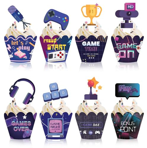 48 Stück Cupcake-Topper und Wrapper für Videospiele, für Kinder, Jungen, Mädchen, Gamepad Videospiel Cupcake-Dekorationen für Gamer, Geburtstag, Babyparty, Partyzubehör