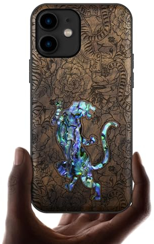 Carveit Etui pour iPhone 11 Coque [Bois et Incrustation de Coquille] Souple TPU de Téléphone Compatible avec Apple 11 Étui (Noyer-Un Tigre au Milieu des Fleurs)