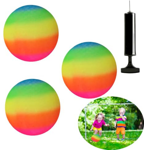 iHMeiju 3pcs Playground Balls with BONUS Air Pump, 8.5inch Rubber Inflatable Balls for Kids and Adult Kickball No Sting Balls for Kids Ball Games Gym Camps Yoga Exercises Indoor Outdoor Rainbow.