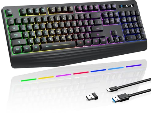 Wireless Gaming Keyboard, RGB & Single-Color Backlit, Full-Size Waterproof Computer Keyboard, Silent Keys, Wrist Rest, Sleep Mode, Rechargeable 2.4G Wireless Keyboardfor Windows, Mac, PC, Laptop