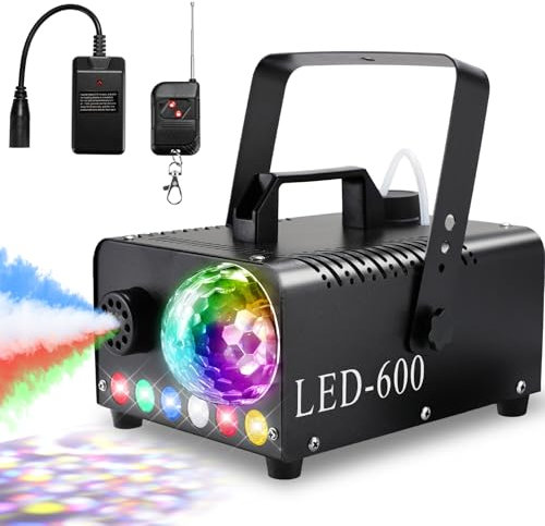 Macchina del Fumo con Sfera da Discoteca, 6 LED RGB, 600W Fumo Halloween, 5000 CFM Spray, Macchina per Nebbia con Funzione Automatica Spray, Telecomando Wireless, Ideale per Halloween, Natale e Feste