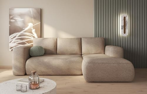 MODERNO Ecksofa mit Schlaffunktion und Bettkasten LAMBI - Sofa mit 3 Sitzen und Robusten Überzug - Schlafcouch L-Form - Modern Couch 266x164x89 cm - Ecke Rechts Beige
