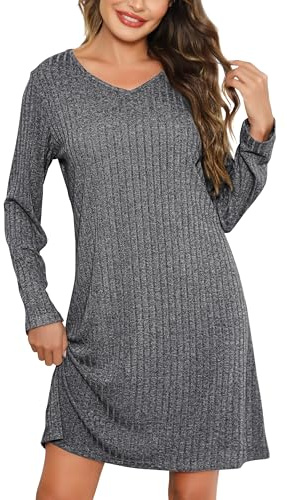 Lovasy Camicia da Notte Donna Inverno Camicia da Notte a Maniche Lunghe in Maglia a Coste Sottoveste Caldo con Scollo a V Morbido Pigiama Lungo Vestaglie per Casa e Casuale,A Grigio Scuro,M