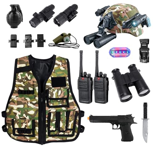 KalaDuck Vestito Militare Bambino, 12Pezzi Giocattolo Accessori Militari con Casco Militare Airsoft, Gilet Mimetica e Walkie-Talkie, Gioco di Ruolo Carnevale Costume Soldato per Ragazzi Ragazze