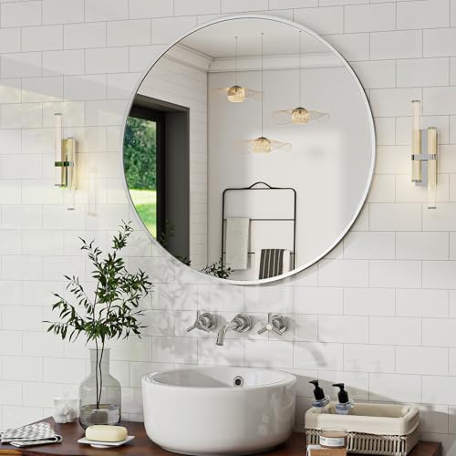 BEAUTYPEAK 50 cm Runder Spiegel, Wandspiegel mit Weiß Aluminiumrahmen | Rund Bruchsicherer Badezimmer Spiegel zum Aufhängen und Anlehnen, Wandspiegel für Schlafzimmer, Bad, Wohnzimmer, Tischspiegel