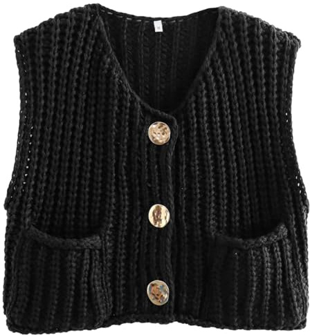 OLIPHEE Damen Pullunder Ärmellos Kurz Einfarbig Strickweste mit Knöpfen Elegant Pullover Sweater V-Hals Oberteile Herbst Winter Aschwarz M