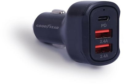 Goodyear Caricatore Rapido 2 USB e 1 USB-C, 3 Porte per Presa Accendisigari Auto iPhone 16/15/14/13/12/11 X, Samsung Galaxy S24/S23/S22/A54, Xiaomi, Huawei