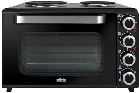 Silva Schneider Cucinino KK 3200 con convezione, vano cottura da 30 l, 3200 W, tubo da forno da 1600 W, funzione di ricircolo, 2 piastre di cottura, inclusa pietra per pizza e spiedino, nero