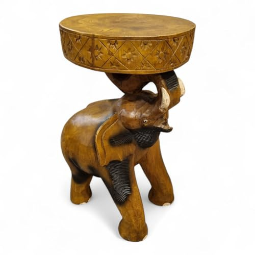 Kinaree Holz Beistelltisch Chang | Handgefertigter Beistelltisch aus massivem Suar-Holz – Elefantendesign, orientalisch inspiriert, einzigartig, robust und nachhaltig (Braun)