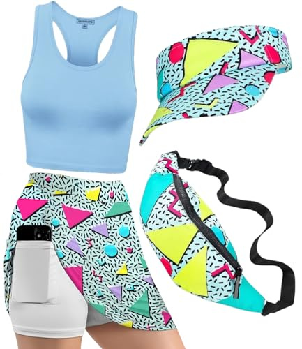 kasahara 80er 90er Jahre Kostüm Damen Retro Trainingsanzug Workout Sport Outfit Skirt, Crop Top, Gürteltasche, Sonnenblenden Hut Karneval Faschingskostüm (Blue, M)