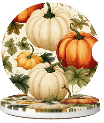 Cavizow Sottobicchieri in ceramica per auto, confezione da 2 pezzi, con zucca bianca, assorbenti, per portabicchieri, antiscivolo, con base in sughero, per auto