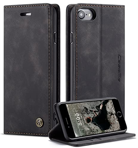 WJXEXRS Handyhülle für iPhone SE 2022 2020/iPhone 8/iPhone 7/iPhone 6 Hülle Premium Leder Schutzhülle Klappbar mit Kartenfach Ständer Magnet Handytasche mit Flip Case Klapphülle für iPhone SE -Schwarz