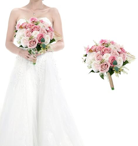 HOMENERGY Wedding Bouquet for Bridesmaid- Hand Holding Flower Bouquet 7 Inch Artificial Flower Bouquet for Bride Party Ceremony Anniversary Decor - Dusty Pink & White