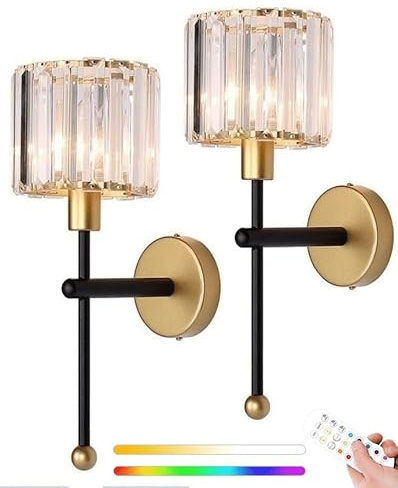 Rechargeable Battery Operated Wall Sconce Not Hardwired Wall Lights set of 2, Cordless Crystal Glass Wall Mount Lamp with Remotes & Bulbs, No Wiring Dimmable Sconces for Bathroom Living Room Bedroom(G