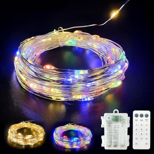 GHJ Farbwechsel Warmweiß/Bunt LED Batterie Lichterkette auf Silberdraht, Fernbedienung Batteriebetriebene Beleuchtung, für Weihnachten Baum Garten Hochzeit Feiertag Party (100LED)
