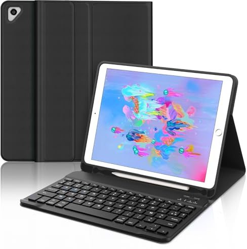 Occtingkind Coque Clavier pour iPad 6e/5e Génération 9.7 Pouces, AZERTY Français Housse Clavier Bluetooth Magnétique Détachable avec Porte Crayon pour iPad 2018/2017 9.7, Air 2/1, Pro 9.7 2016, Noir