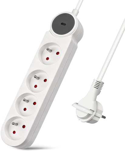 Extrastar Multiprise 4 Prises avec Fiche Plate,Bloc Multiprises avec Interrupteur, Rallonge 5m 230 V avec sécurité Enfant pour Maison, Bureau, Blanc