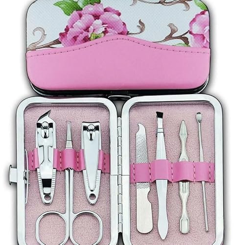 KAV 7PCS Pink Cute Flower Nail Clippers Set - Compact Stainless Steel Manicure Pedicure Kit with Case, Includes Scissors, File, Tweezers & More, Perfect for Girls, Women & Travel