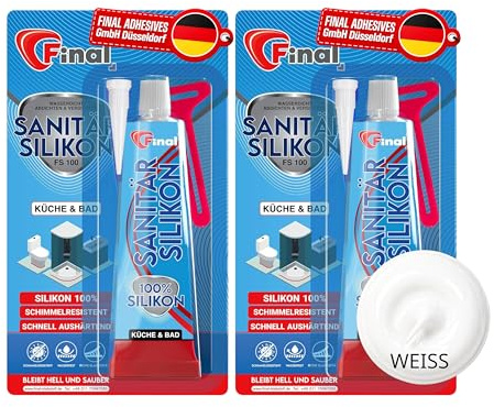 FINAL Sanitärsilikon Weiß 2x50ml Doppelpack – Silikon Weiß für Bad, Küche, Dusche – Schimmelresistent, Wasserfest, Dauerelastisch – Sanitär Silikon Weiss
