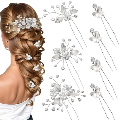 Yeomju 6 pièces épingles à Cheveux de mariée Argent Feuilles Perles Cristal Vintage Accessoires Cheveux pour Mariage Bijoux avec Strass pour mariées Demoiselles d'honneur Filles d'honneur (4 Styles)