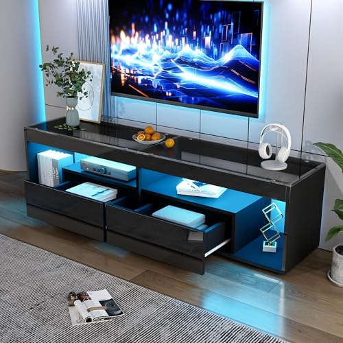 Meuble TV Moderne 70 Pouces (180 cm),Meuble Télé Noir Haute Brillance LED avec 2 Tiroirs, Table Console Design Minimaliste pour Salon Chambre,Meuble Télévision Noir