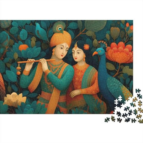 Flute, Paon, Gopis,Puzzles pour Adultes 1000pcs (75x50cm),Jeux De Défi Éléments de Style Folklorique