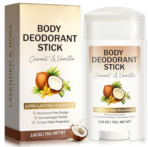 Whole Body Deodorant Stick, Aluminium Free Plant Formula Deodorant for Men & Women, 24H Long-Lasting Fragrance Antiperspirant, Natural Coconut Vanilla Freshness Travel Deodorant(75g)