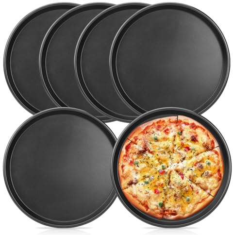 GOMETY 6 Pièces Plaque à Pizza, Diamètre 29cm Plaque Pizza Four, Moules à Pizza Rond en Acier Inoxydable, Antiadhésifs Plat De Cuisson Au Four Noir Rond Pour Pizza Flambée Tarte Cheesecake