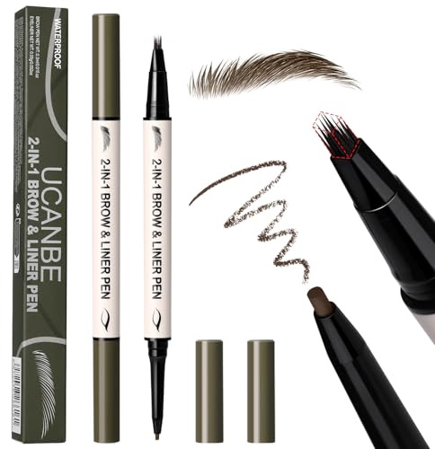 UCANBE 2-in-1 Eyebrow Pen & Gel Eyeliner Pencil – Microblading Eye Brow Pencil with Brow-Fection Angled Brush Tip + 1.5mm Ultra-Fine Eye Liner, Waterproof, Quick-Dry, Long Lasting (Dark Brown)