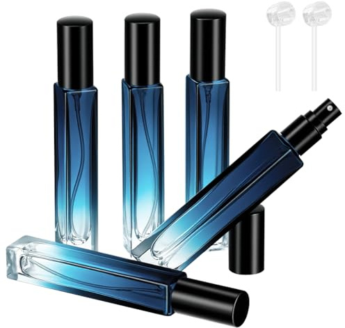 AOOWU Atomizador Perfume de Vidrio, 5PCS Frascos de Perfumes de Vidrio 10ml, Portátil Botella de Perfume de Cristal con 2 Pipetas, Recargable Atomizador Botella de Cristal para Viaje(Degradado Azul)