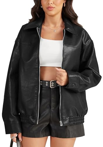 Fengbay Faux Leather Jacket Women Oversized Bomber Motorcycle Y2K Moto Biker Racer Jackets Coat with Pockets